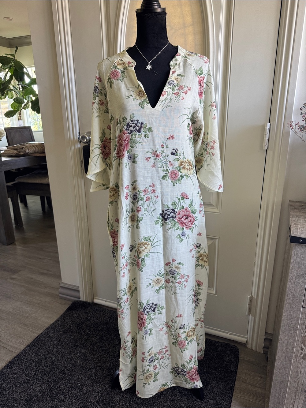 Lovlei Floral V-Neck Maxi Dress in Cream with Pink & Green Bloom
